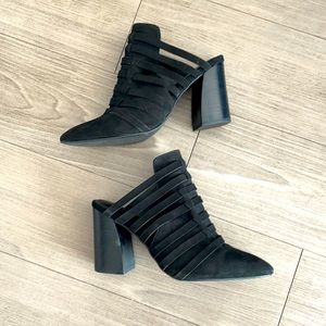STEVEN Ankle Booties Mule Black Suede Pointed Toe Strappy Block Heel